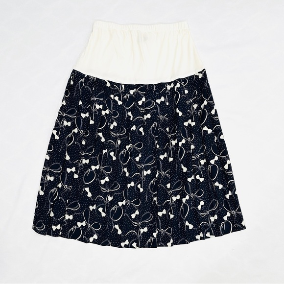 Vintage Allisia Drop Waist Cream Navy Bows Ribbons Printed Pleated Skirt - Picture 1 of 8